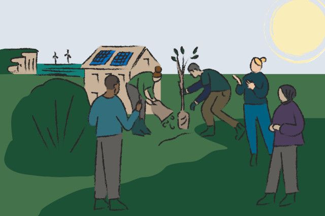 Climate Emergency Image - Tree being planted, with sustainable energy forms in the background